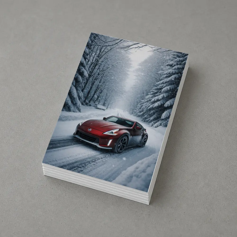 Nissan 370Z Red Sports Car Snowy Forest – Postcards