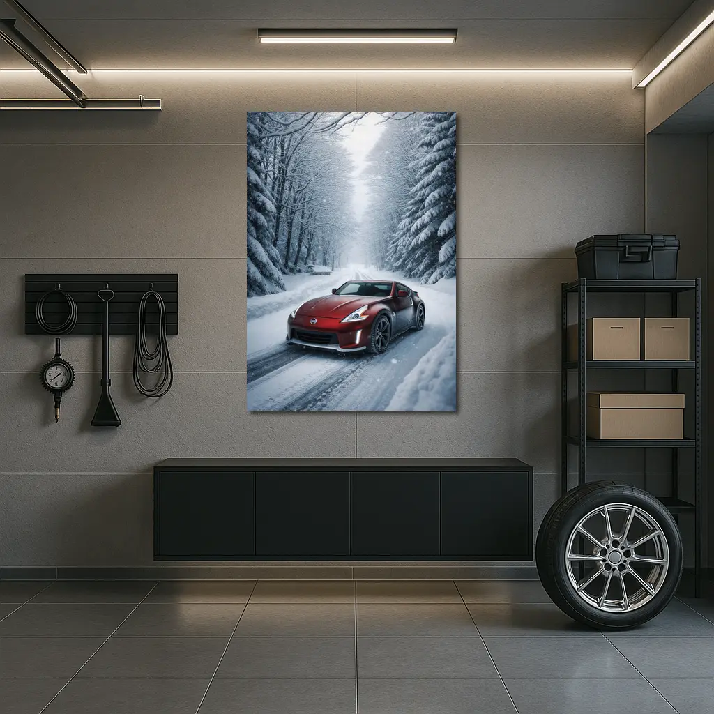 Nissan 370Z Red Sports Car Snowy Forest – Wall Art
