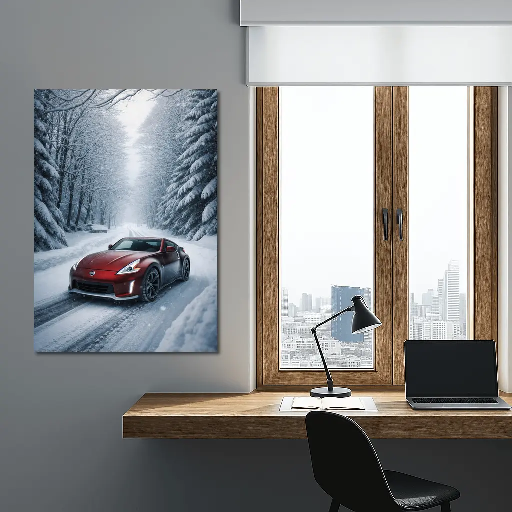 Nissan 370Z Red Sports Car Snowy Forest – Wall Art