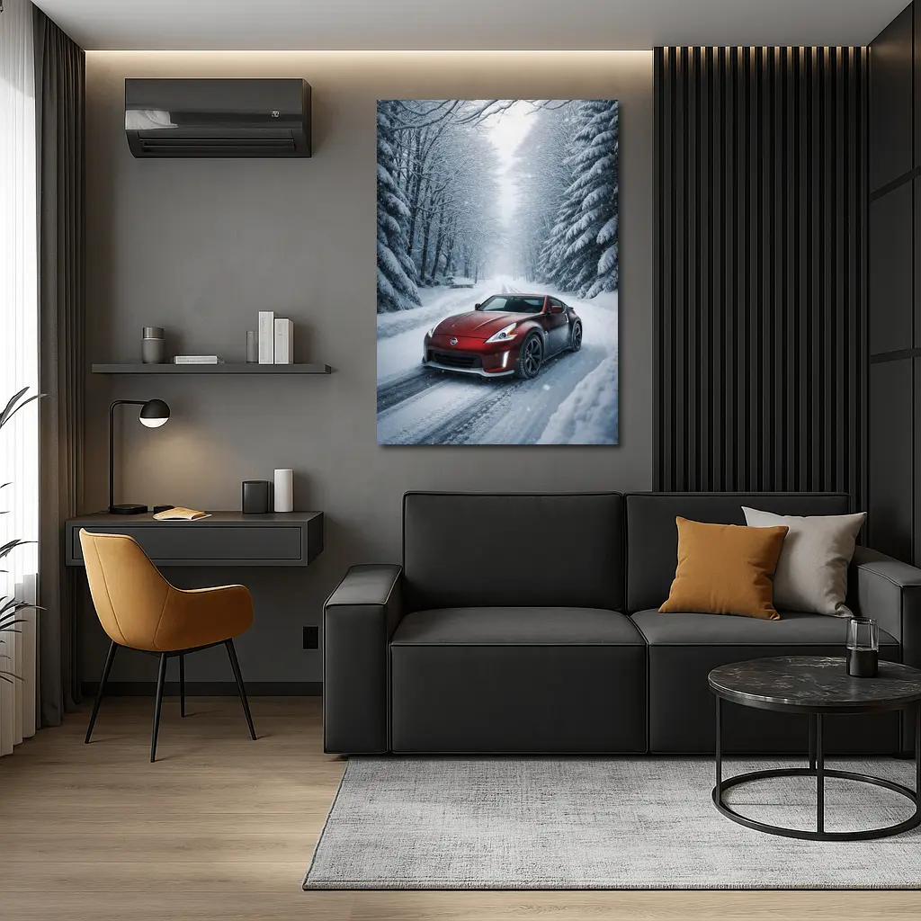 Nissan 370Z Red Sports Car Snowy Forest – Wall Art