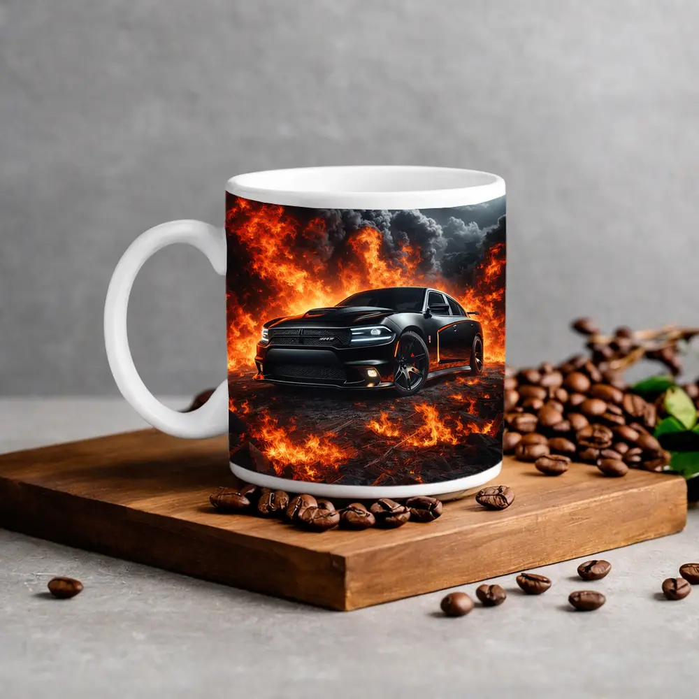 Dodge Charger SRT Black Flames Night Scene – Mugs