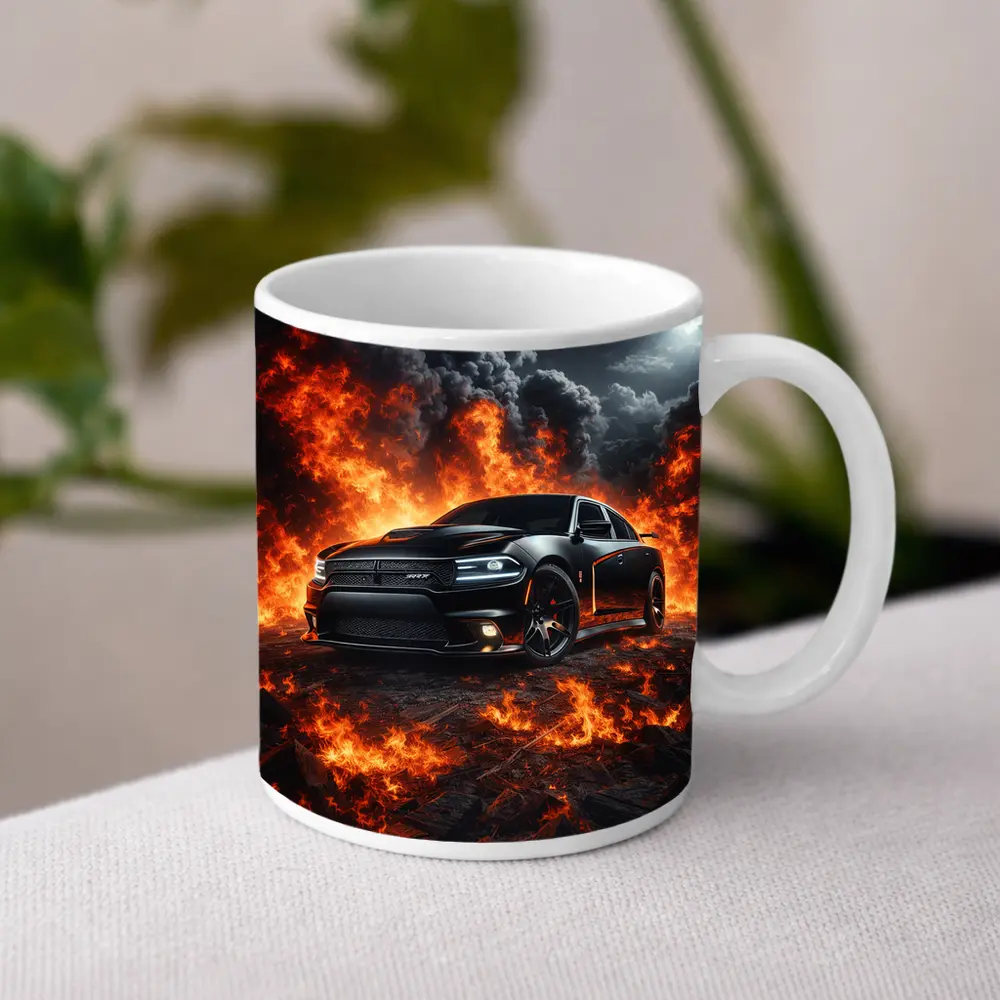 Dodge Charger SRT Black Flames Night Scene – Mugs