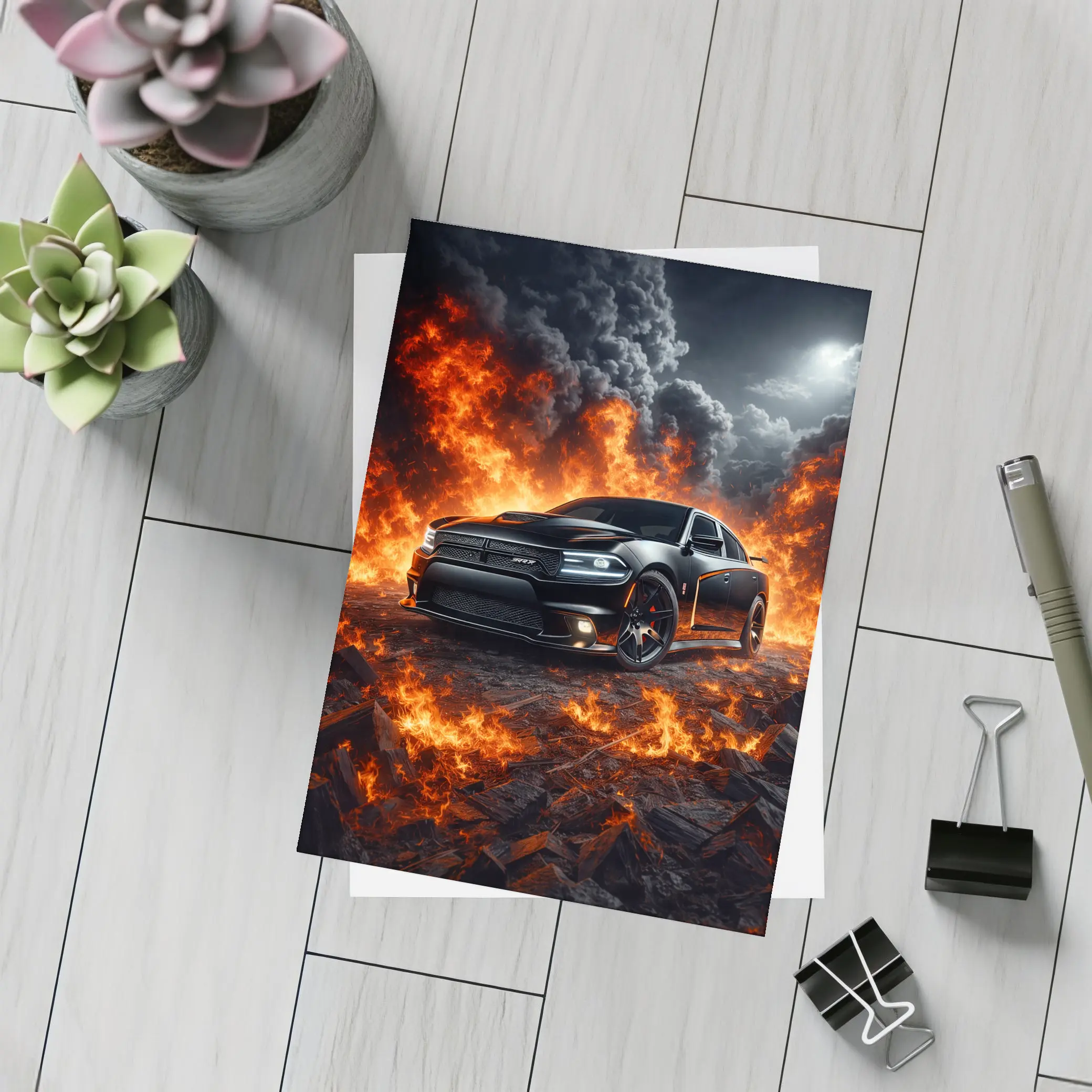 Dodge Charger SRT Black Flames Night Scene – Postcards