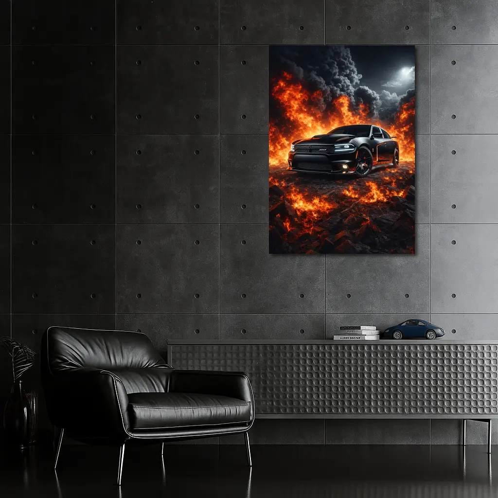 Dodge Charger SRT Black Flames Night Scene – Wall Art