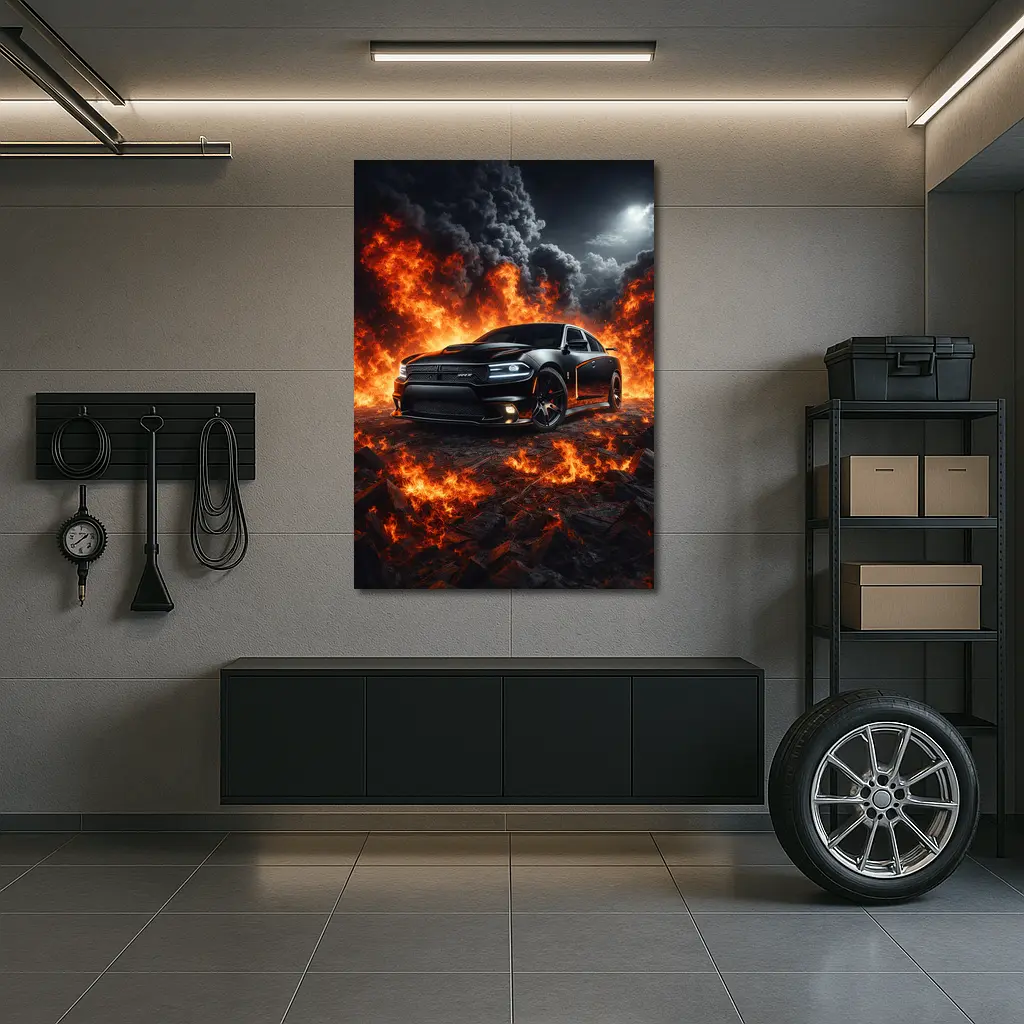 Dodge Charger SRT Black Flames Night Scene – Wall Art