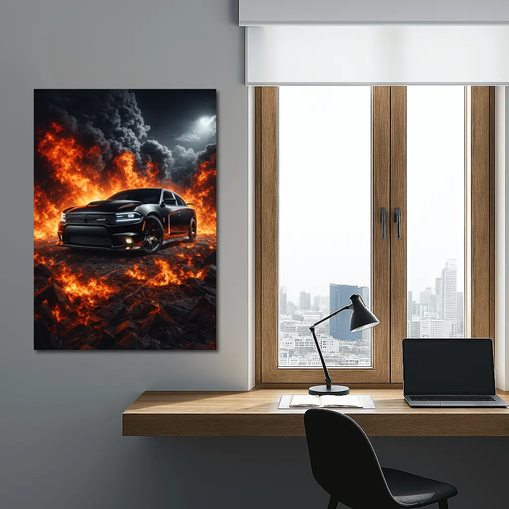 Dodge Charger SRT Black Flames Night Scene – Wall Art