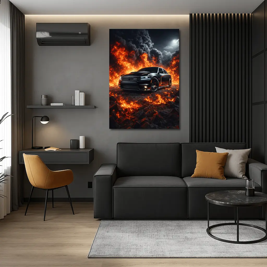 Dodge Charger SRT Black Flames Night Scene – Wall Art