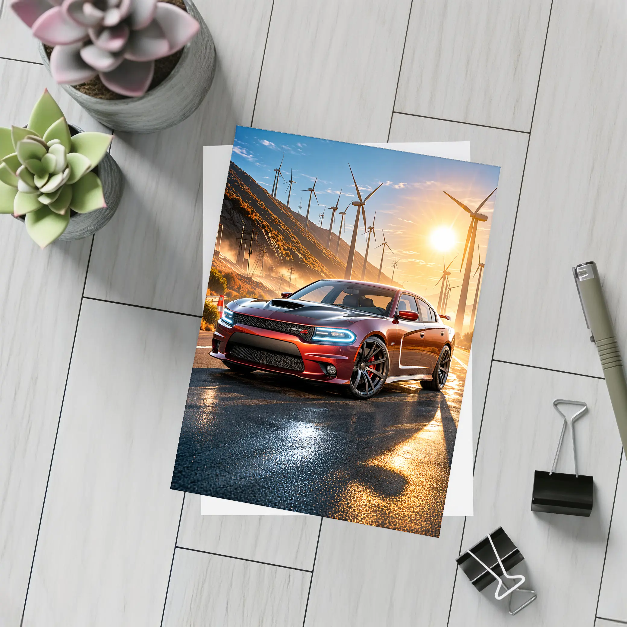 Dodge Charger SRT Red Sunset Wind Farm – Postcards