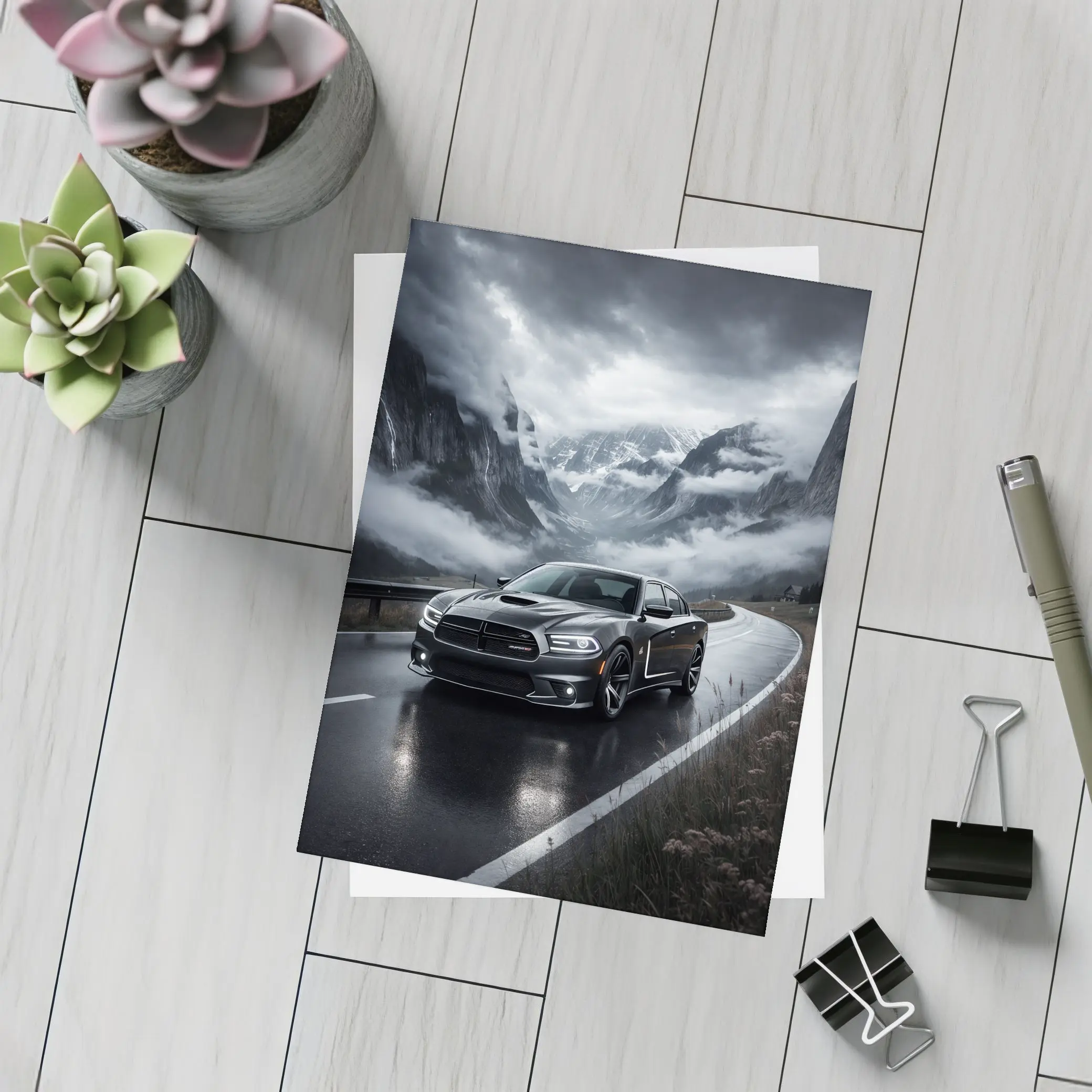 Dodge Charger Black Road Stormy Mountain Drive – Postcards