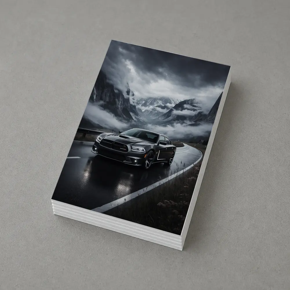 Dodge Charger Black Road Stormy Mountain Drive – Postcards