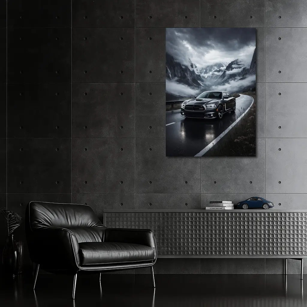 Dodge Charger Black Road Stormy Mountain Drive – Wall Art