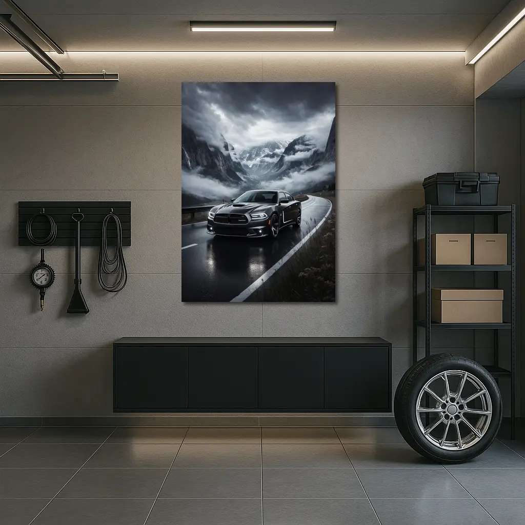 Dodge Charger Black Road Stormy Mountain Drive – Wall Art