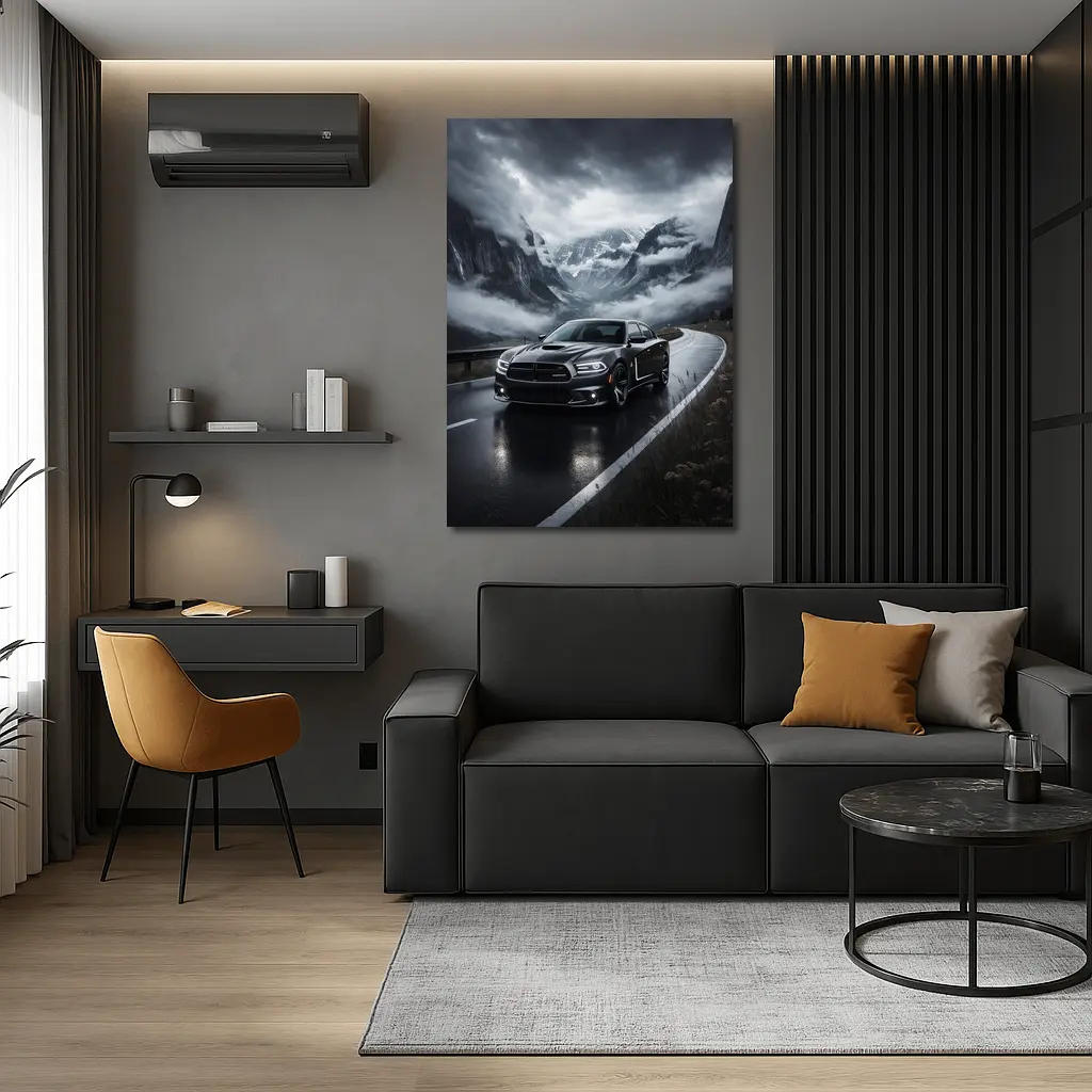 Dodge Charger Black Road Stormy Mountain Drive – Wall Art