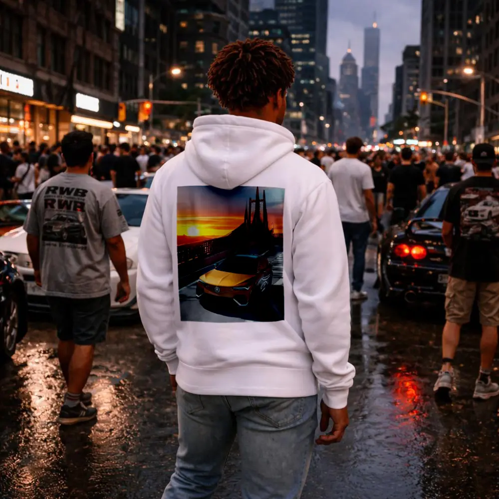 Acura MDX Driving Bridge at Sunset – Hoodies