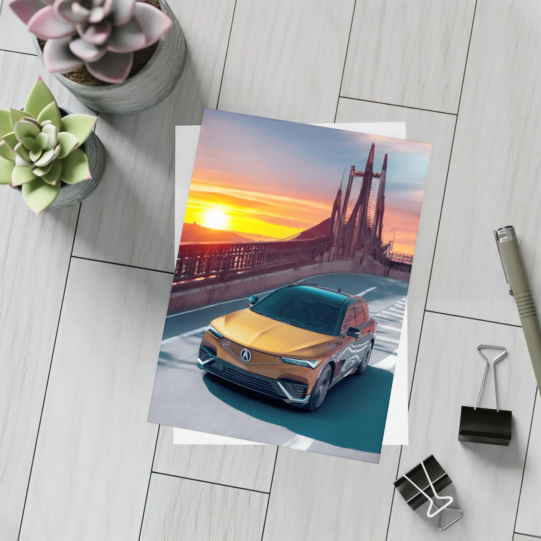 Acura MDX Driving Bridge at Sunset – Postcards
