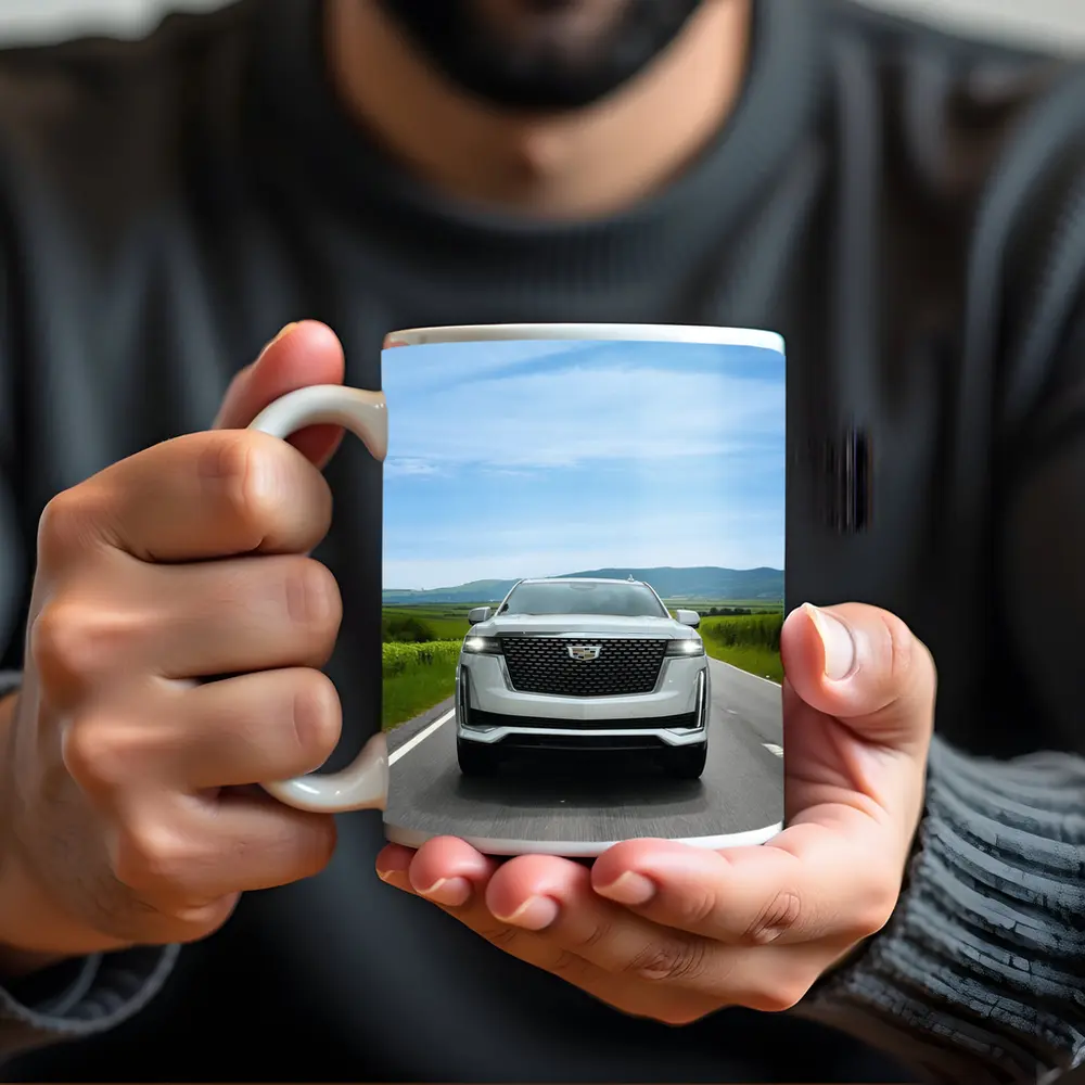 Cadillac Escalade White SUV Open Road – Mugs