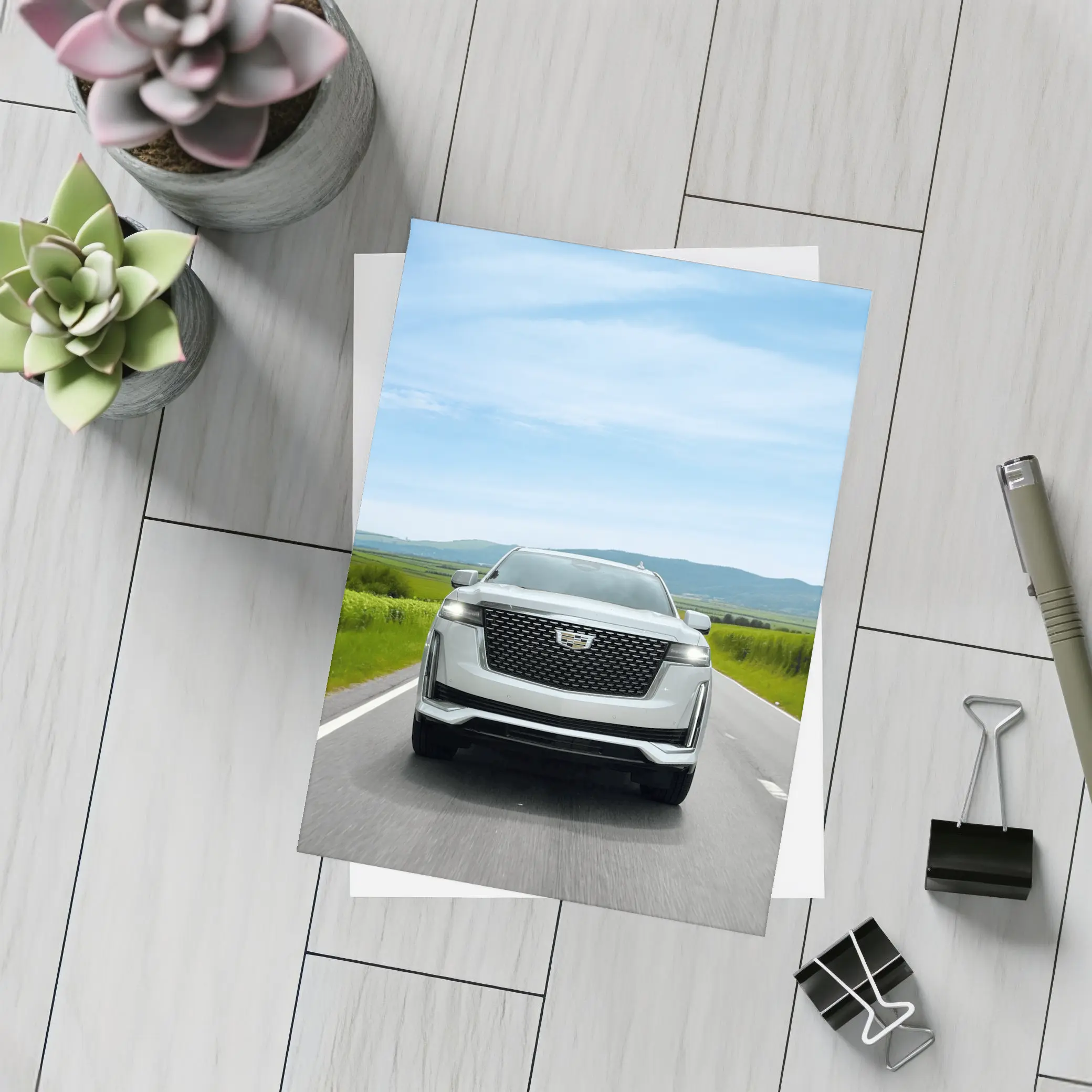 Cadillac Escalade White SUV Open Road – Postcards