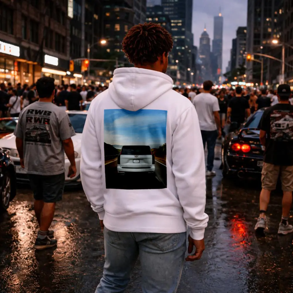Cadillac Escalade White SUV Open Road – Hoodies