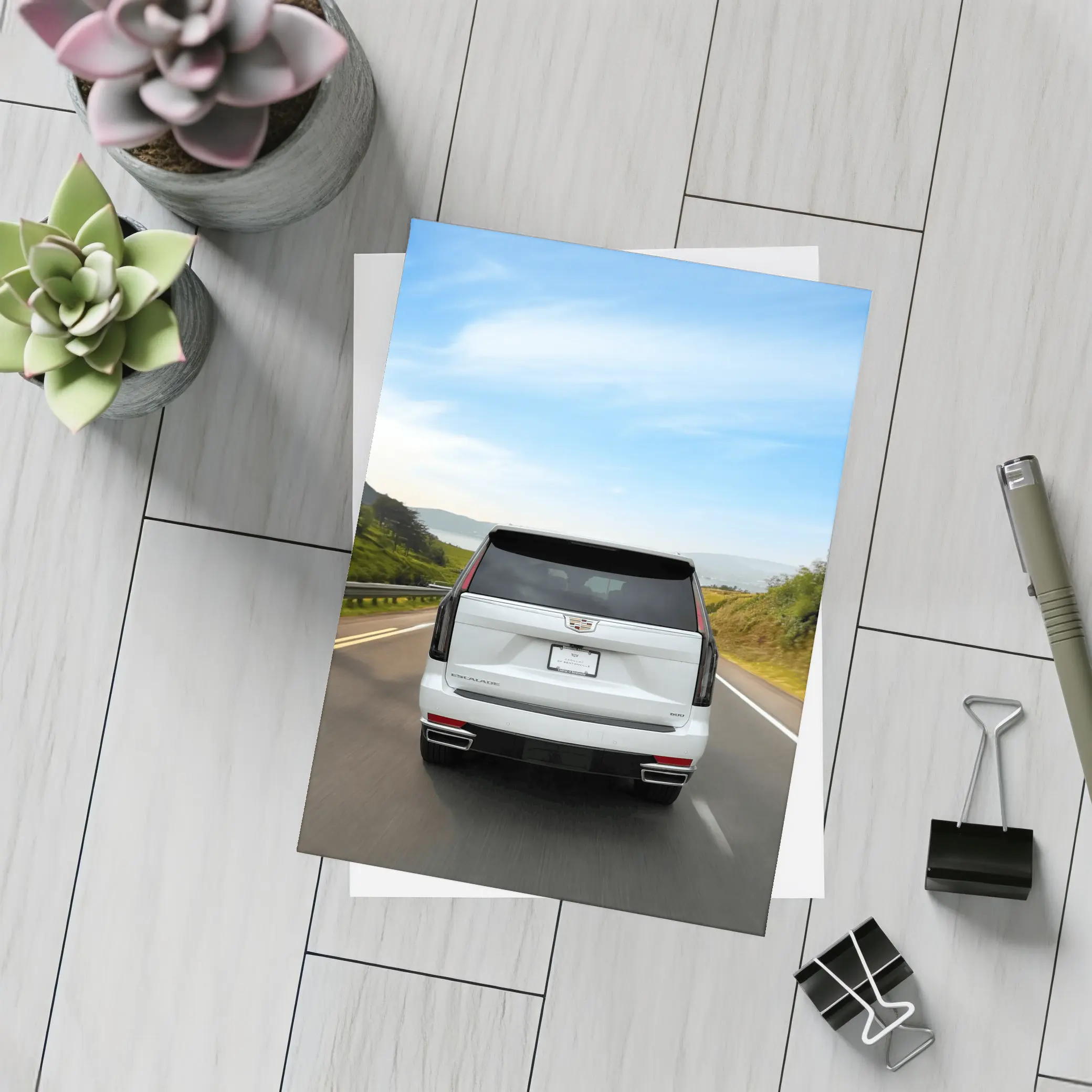 Cadillac Escalade White SUV Open Road – Postcards