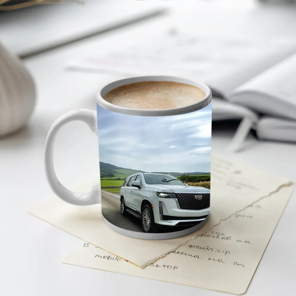 Cadillac Escalade White SUV Open Road – Mugs