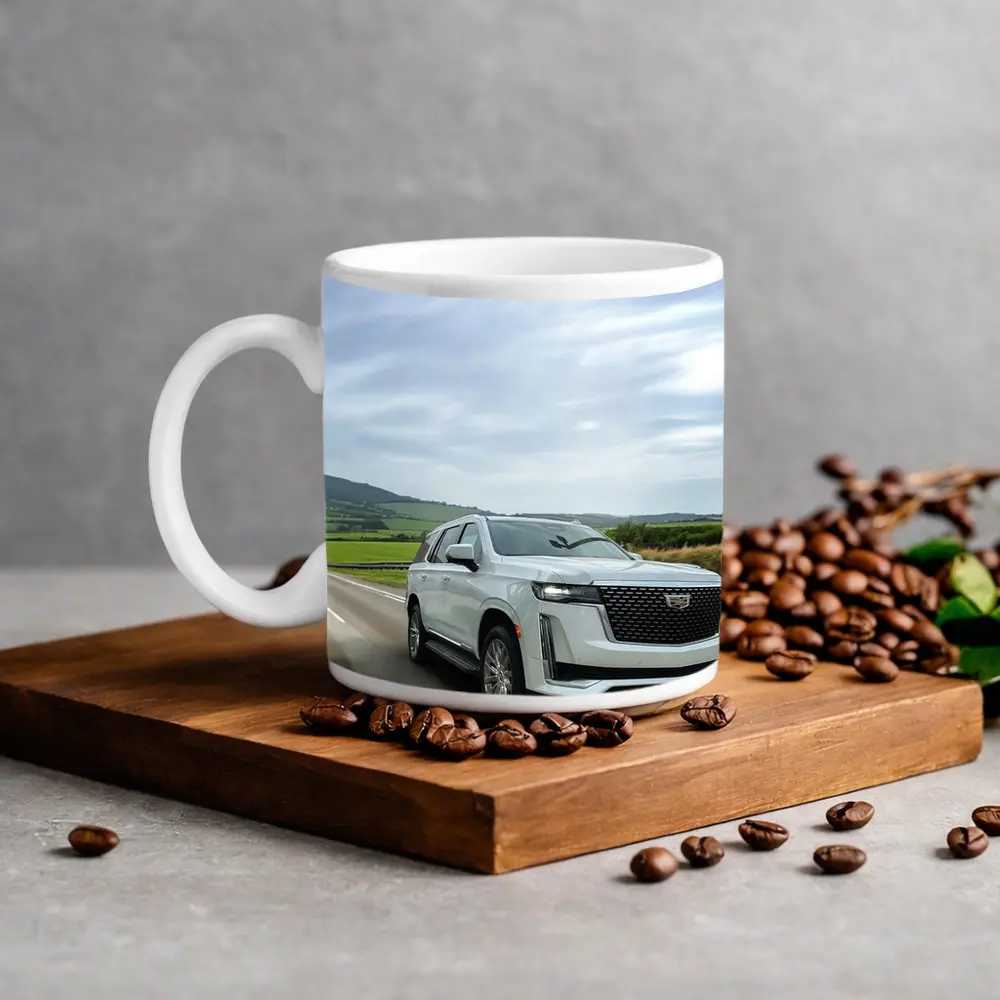 Cadillac Escalade White SUV Open Road – Mugs