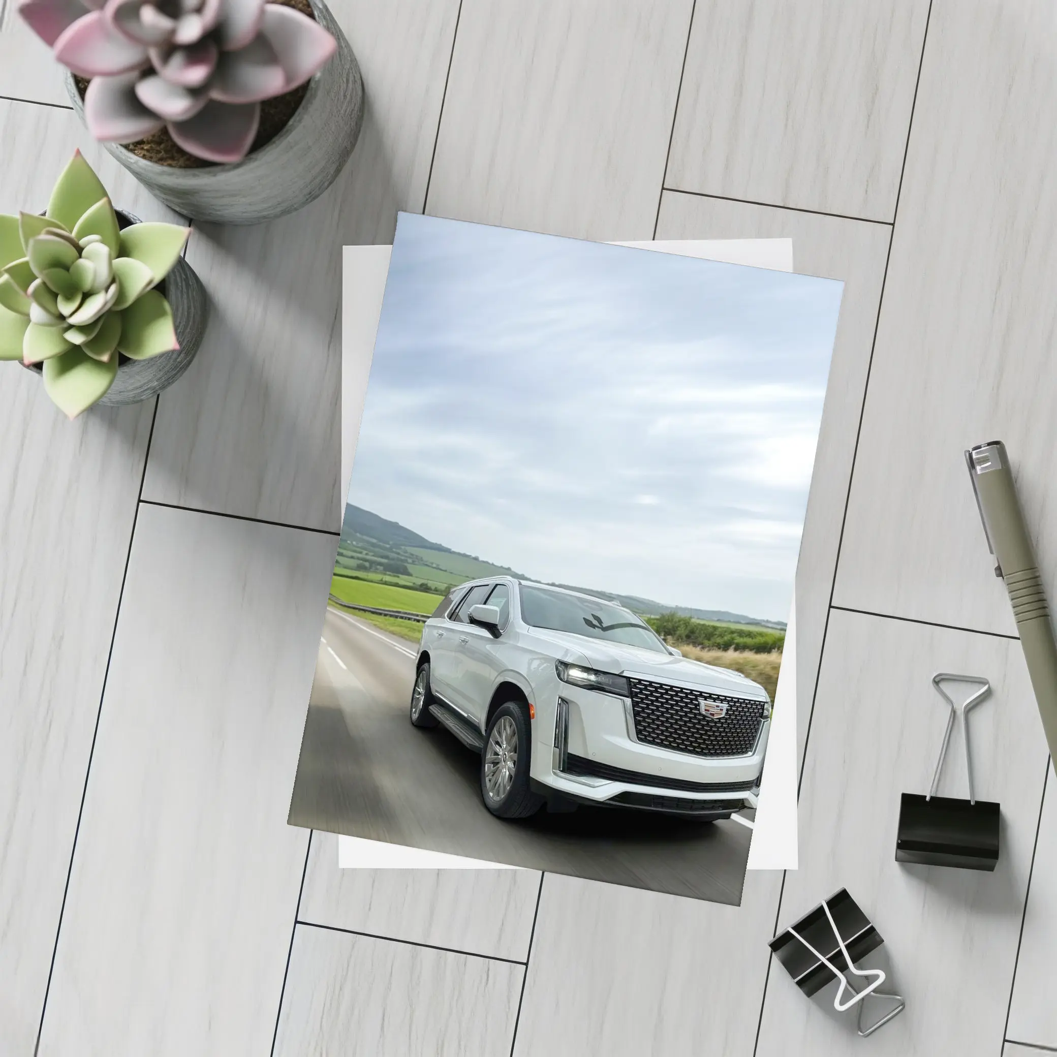 Cadillac Escalade White SUV Open Road – Postcards