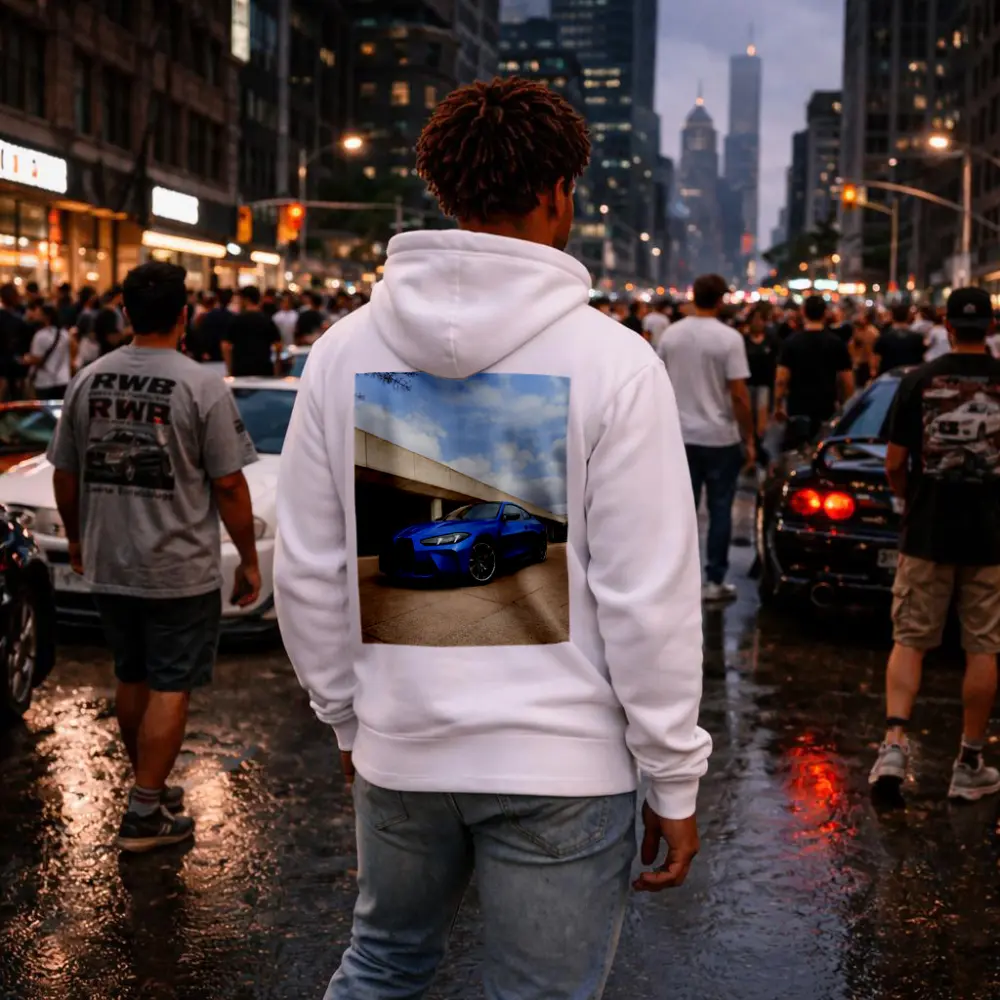 BMW M4 Blue Coupe Concrete Architecture Background – Hoodies