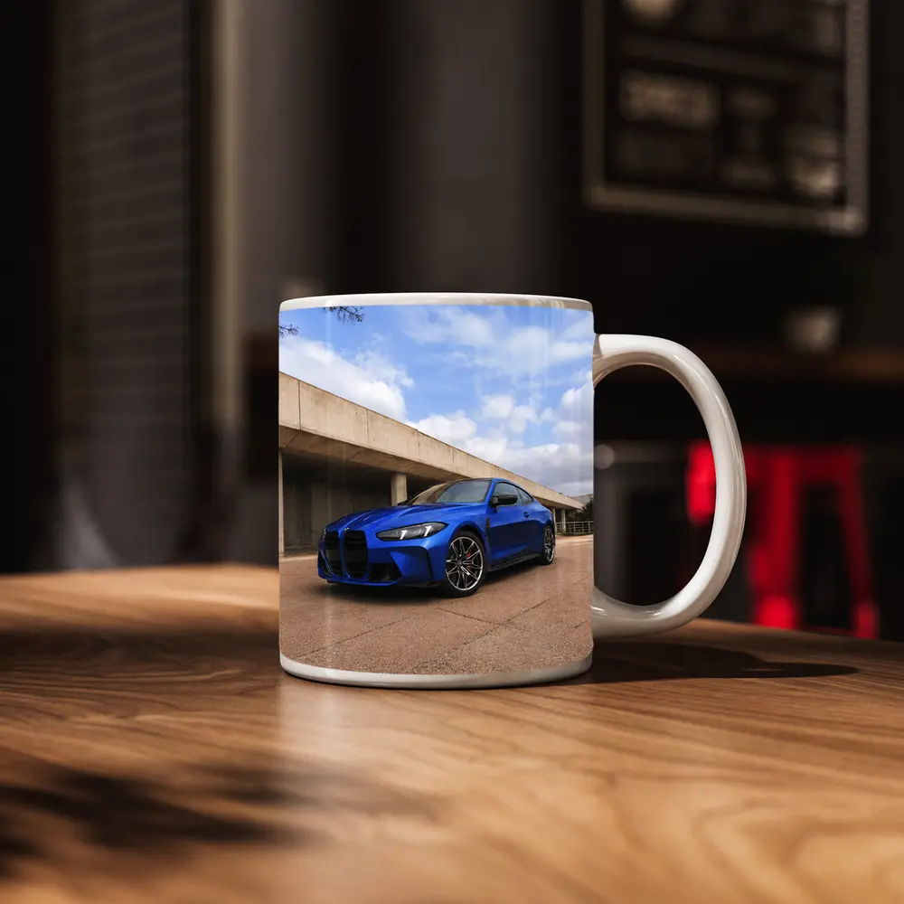 BMW M4 Blue Coupe Concrete Architecture Background – Mugs