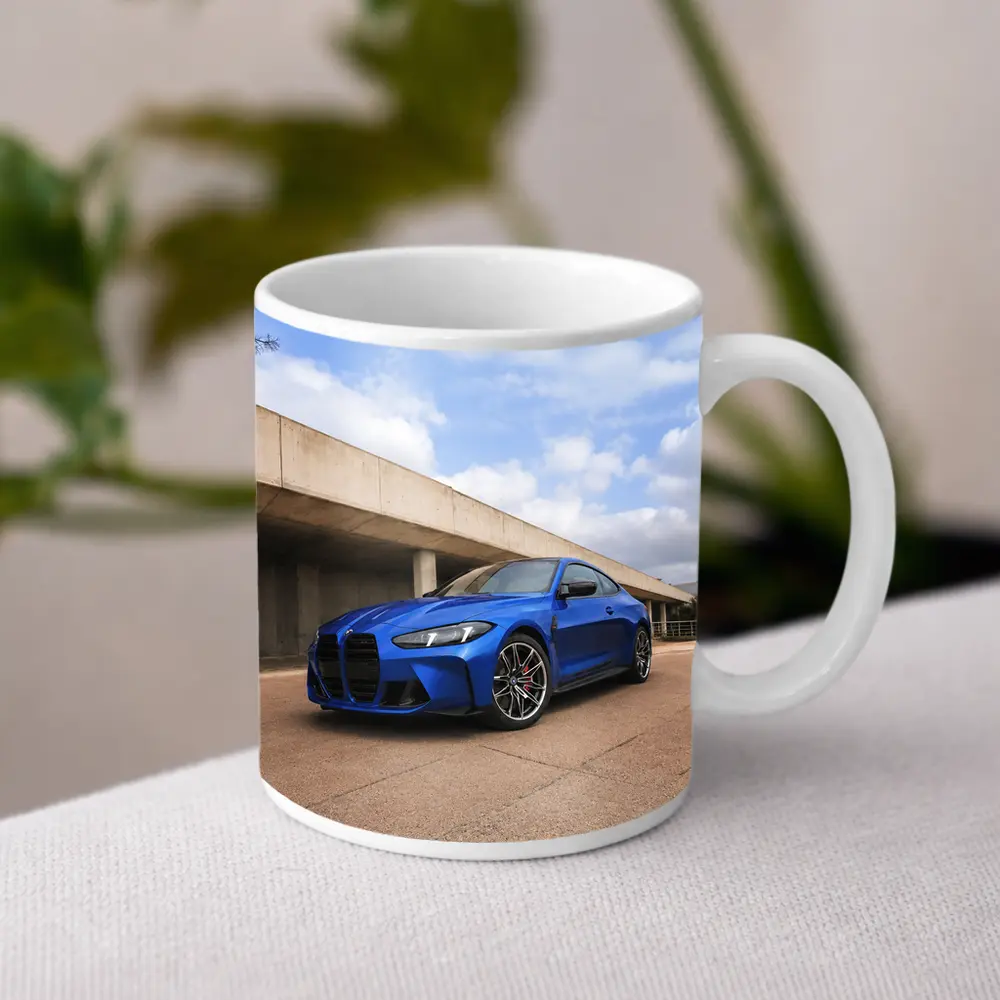 BMW M4 Blue Coupe Concrete Architecture Background – Mugs