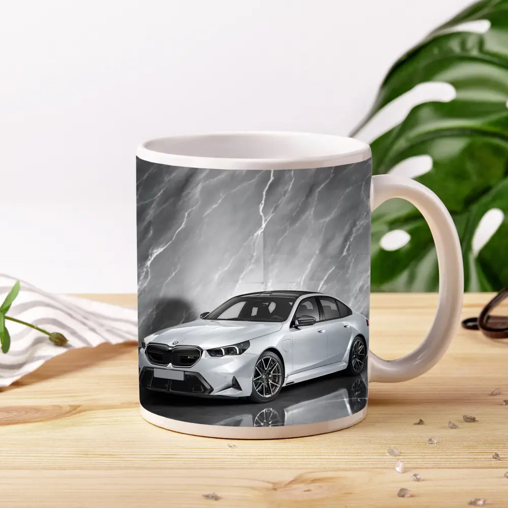BMW M5 Sedan Against Gray Marble Background – Mugs