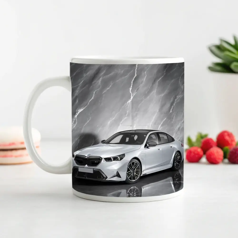 BMW M5 Sedan Against Gray Marble Background – Mugs