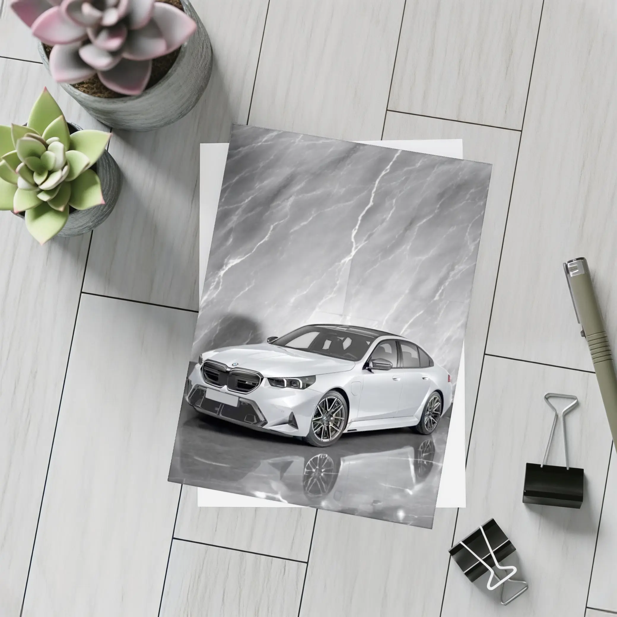 BMW M5 Sedan Against Gray Marble Background – Postcards