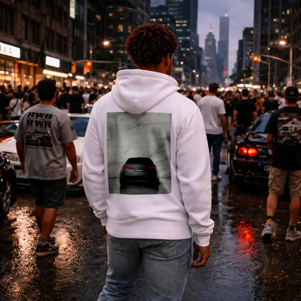 BMW M5 Rear View Marble Studio Background – Hoodies