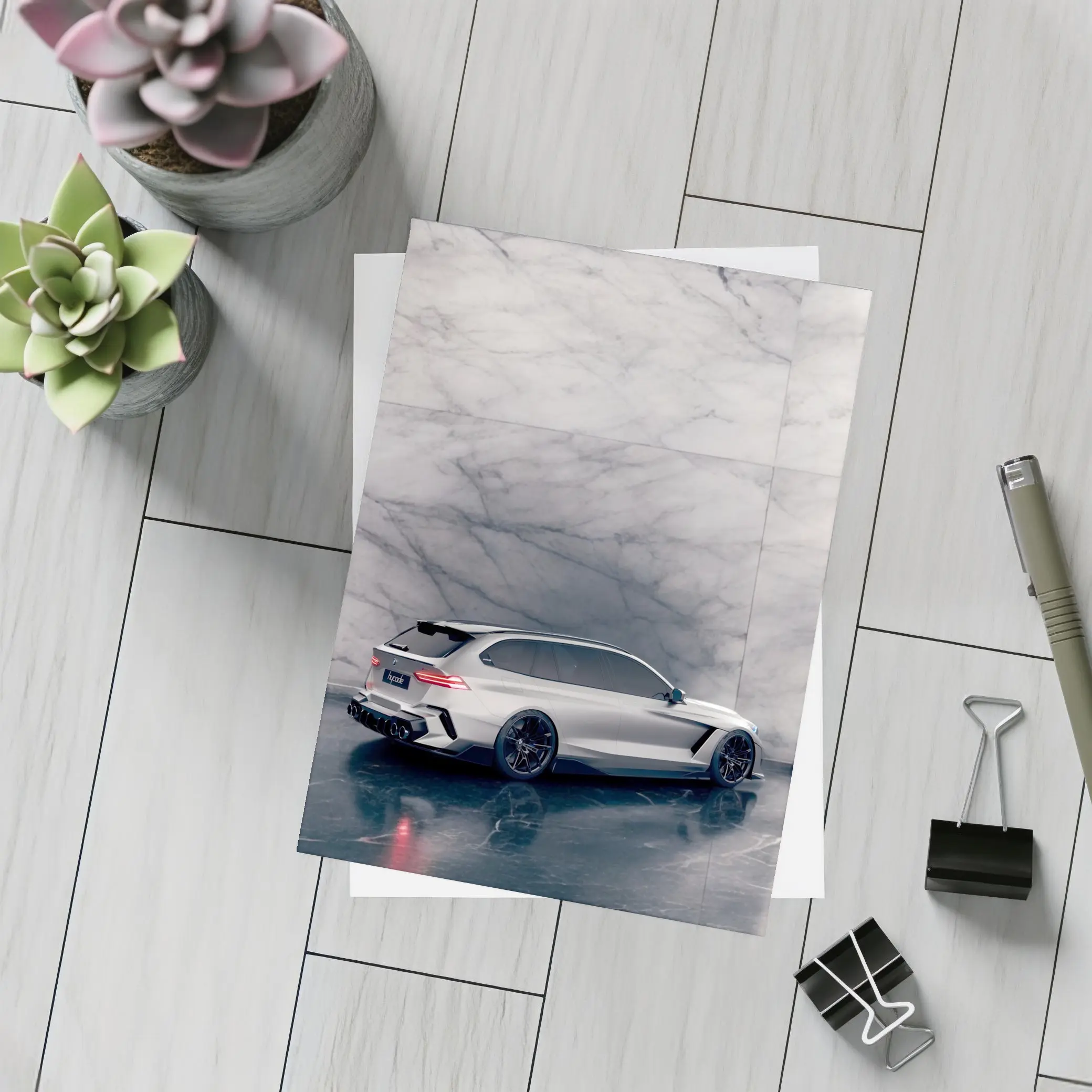 BMW M5 Touring Silver Against Marble Wall – Postcards