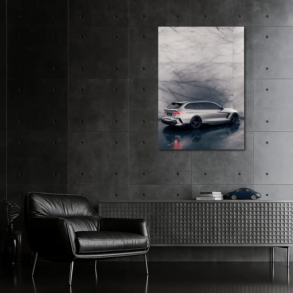 BMW M5 Touring Silver Against Marble Wall – Wall Art