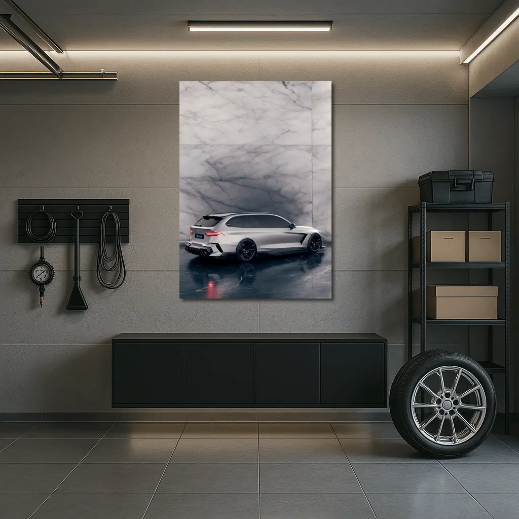BMW M5 Touring Silver Against Marble Wall – Wall Art