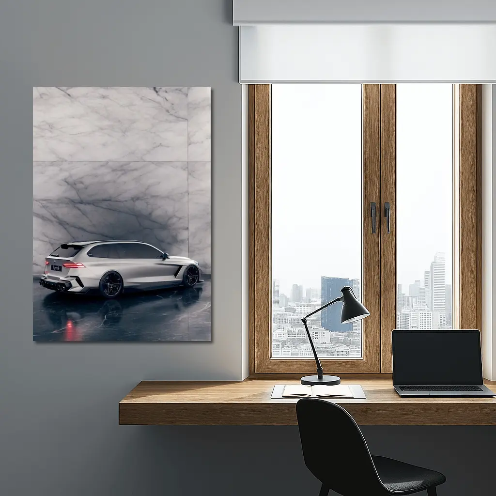 BMW M5 Touring Silver Against Marble Wall – Wall Art