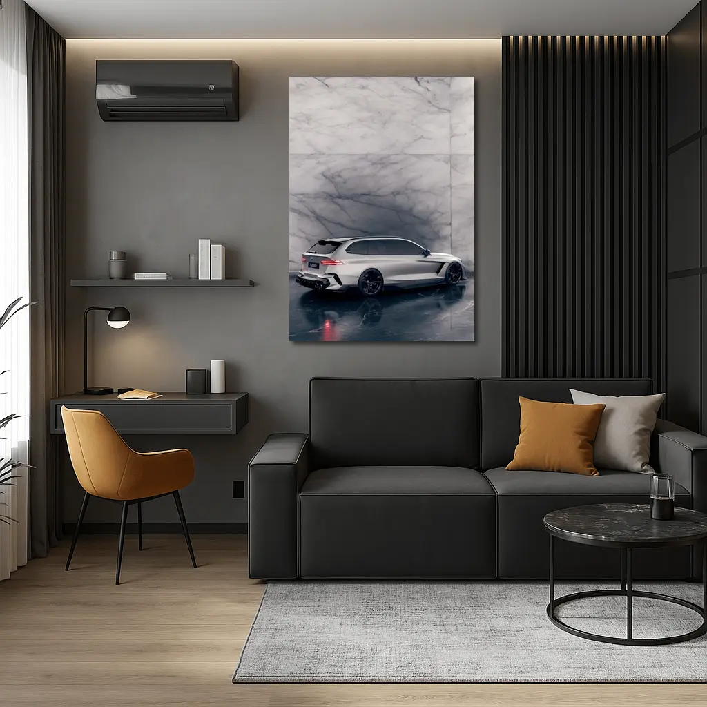 BMW M5 Touring Silver Against Marble Wall – Wall Art