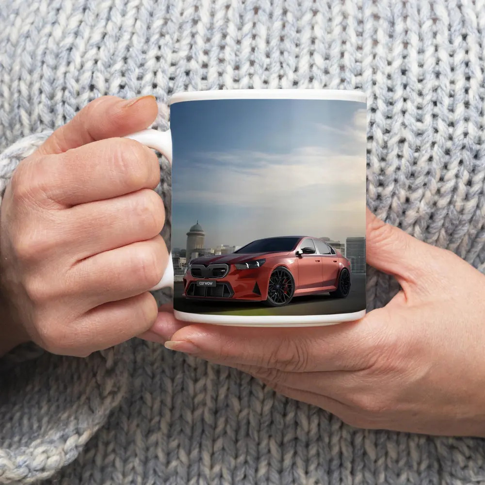 BMW M5 Red Sedan City Skyline Background – Mugs