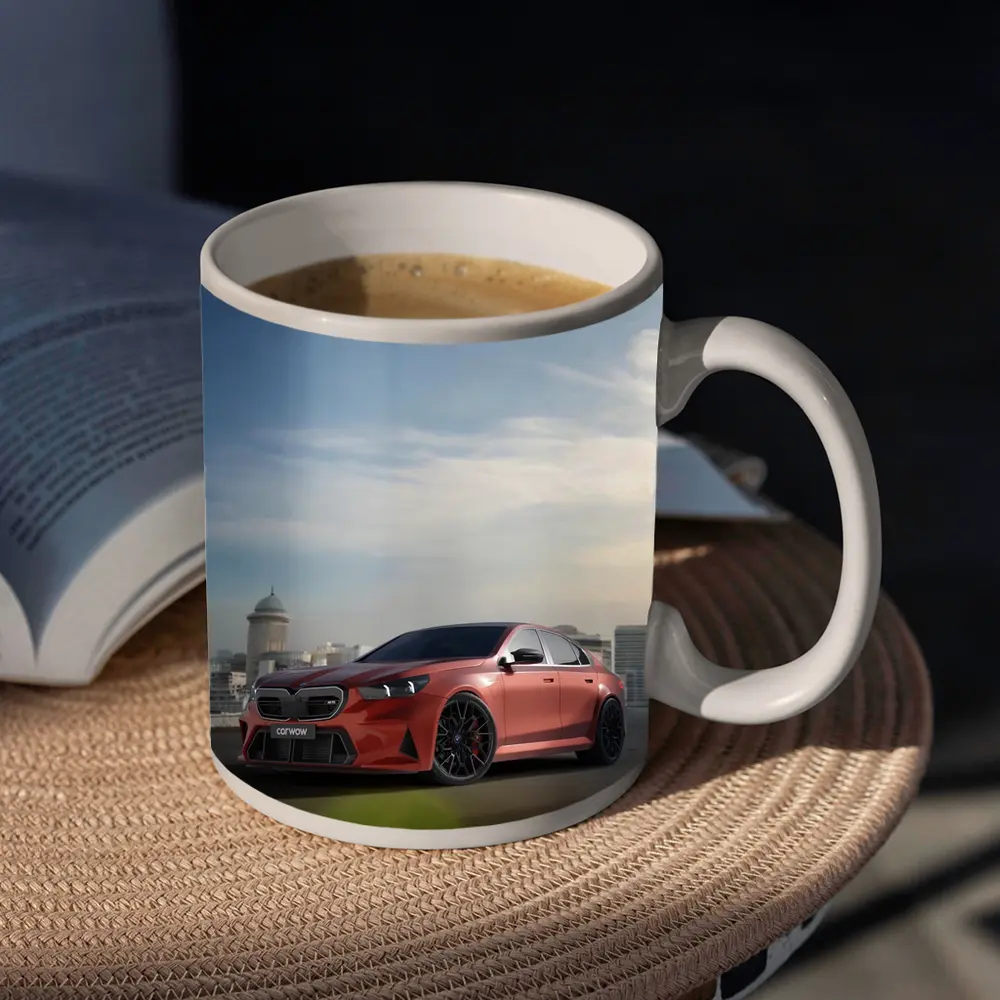 BMW M5 Red Sedan City Skyline Background – Mugs