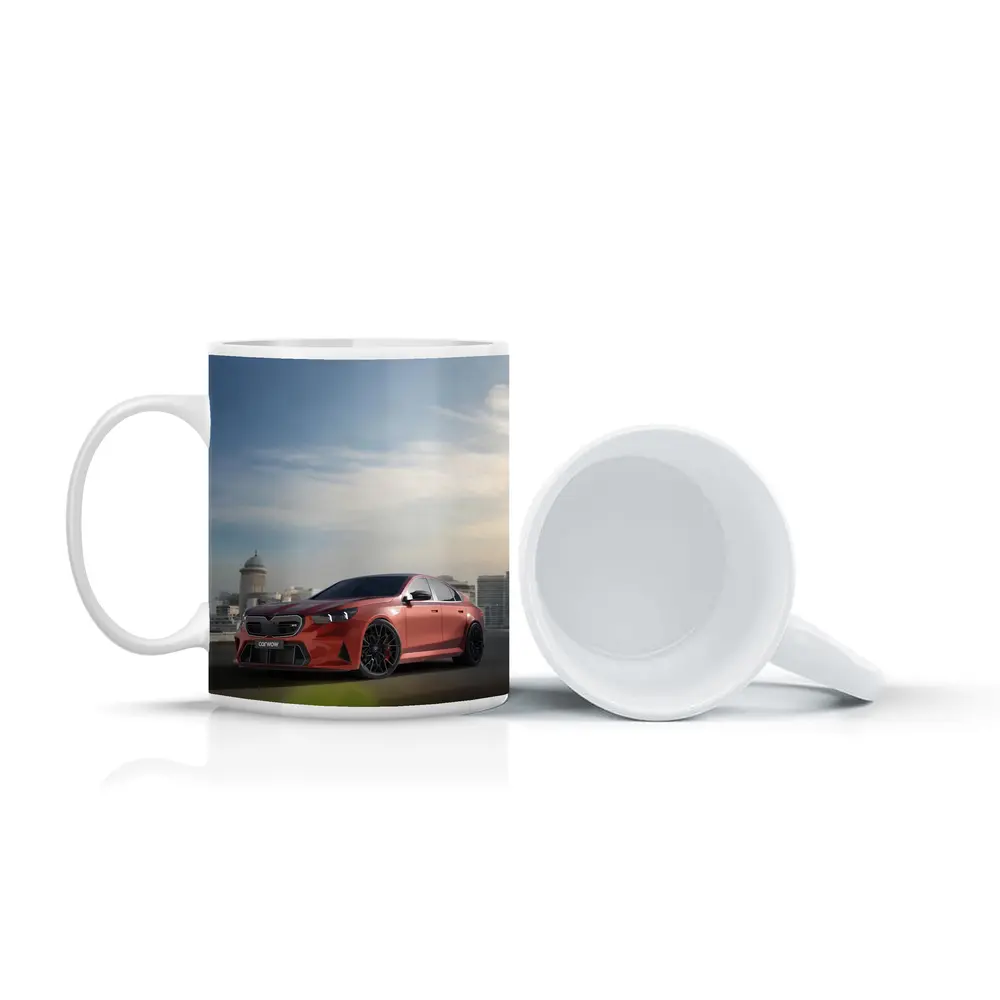 BMW M5 Red Sedan City Skyline Background – Mugs