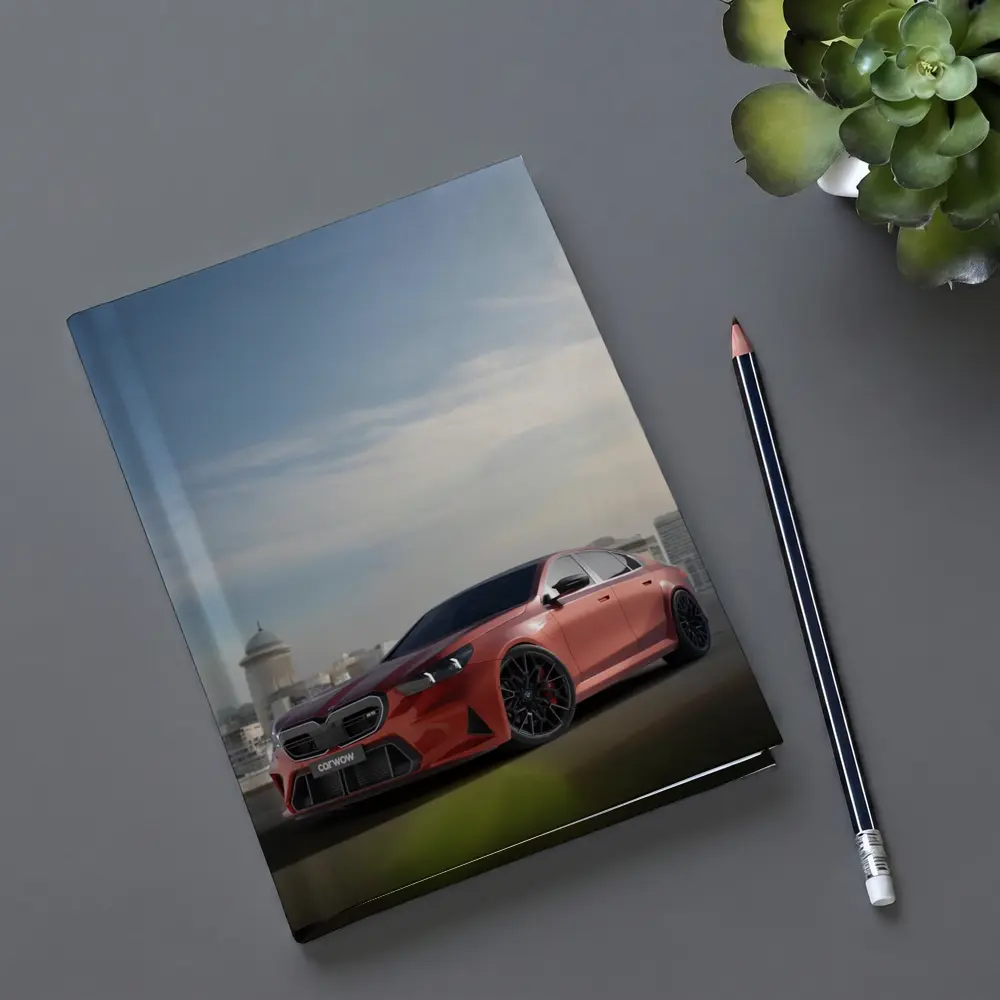 BMW M5 Red Sedan City Skyline Background – Notebooks