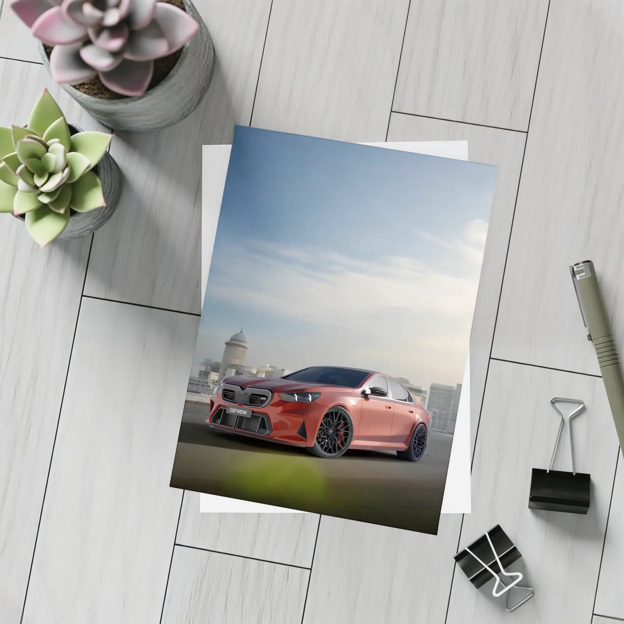 BMW M5 Red Sedan City Skyline Background – Postcards