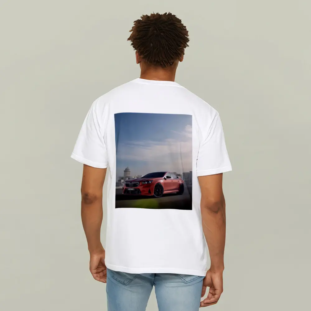 BMW M5 Red Sedan City Skyline Background – T-Shirts