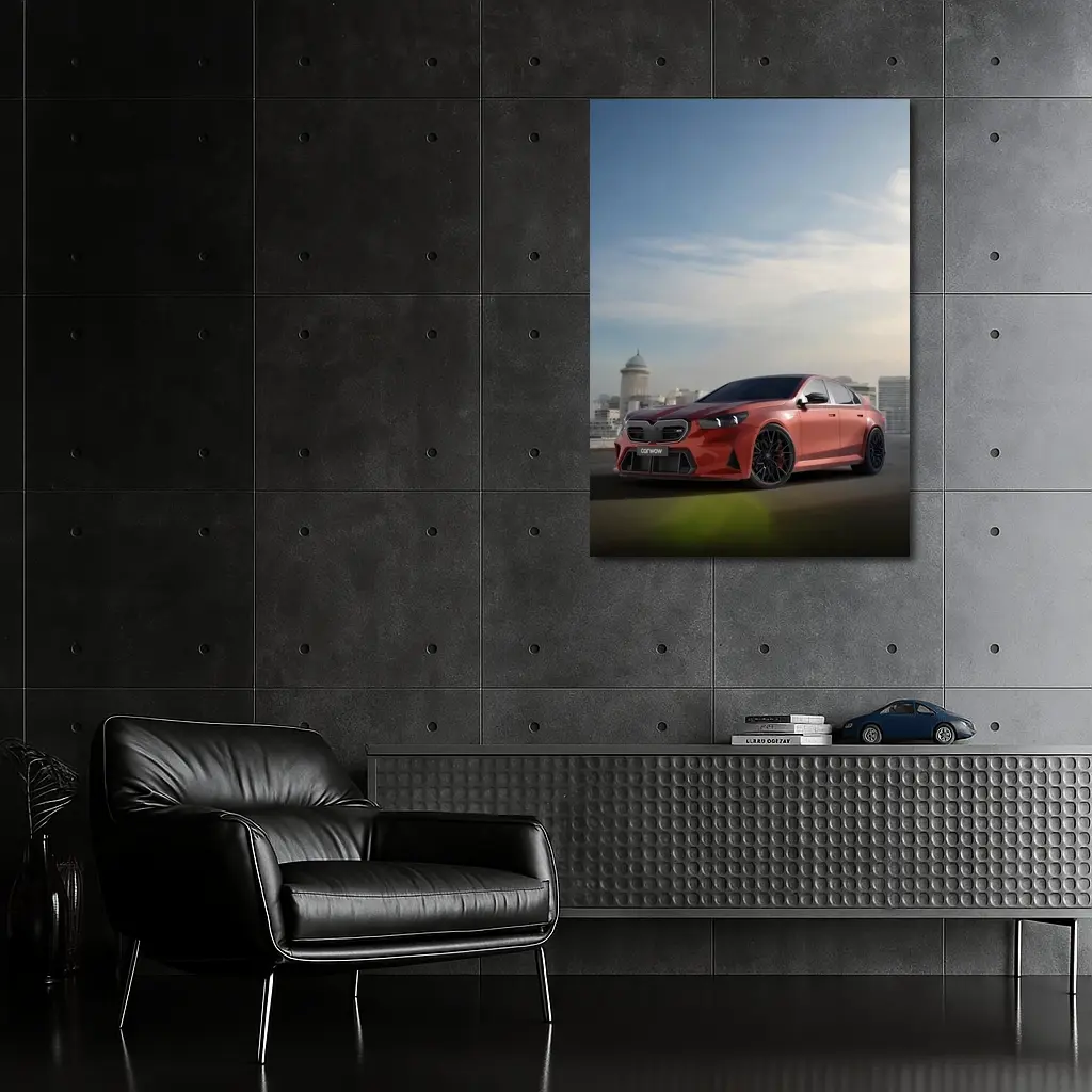 BMW M5 Red Sedan City Skyline Background – Wall Art