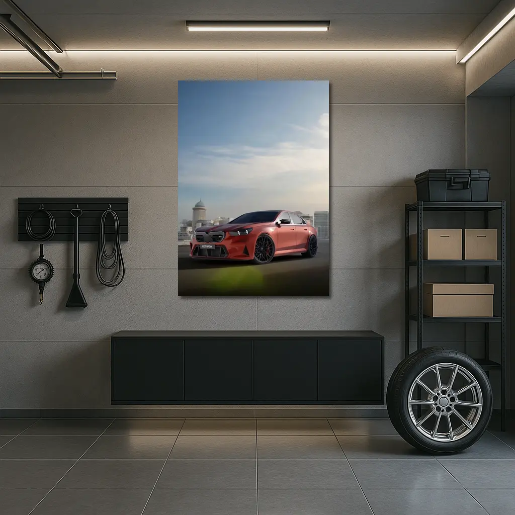 BMW M5 Red Sedan City Skyline Background – Wall Art