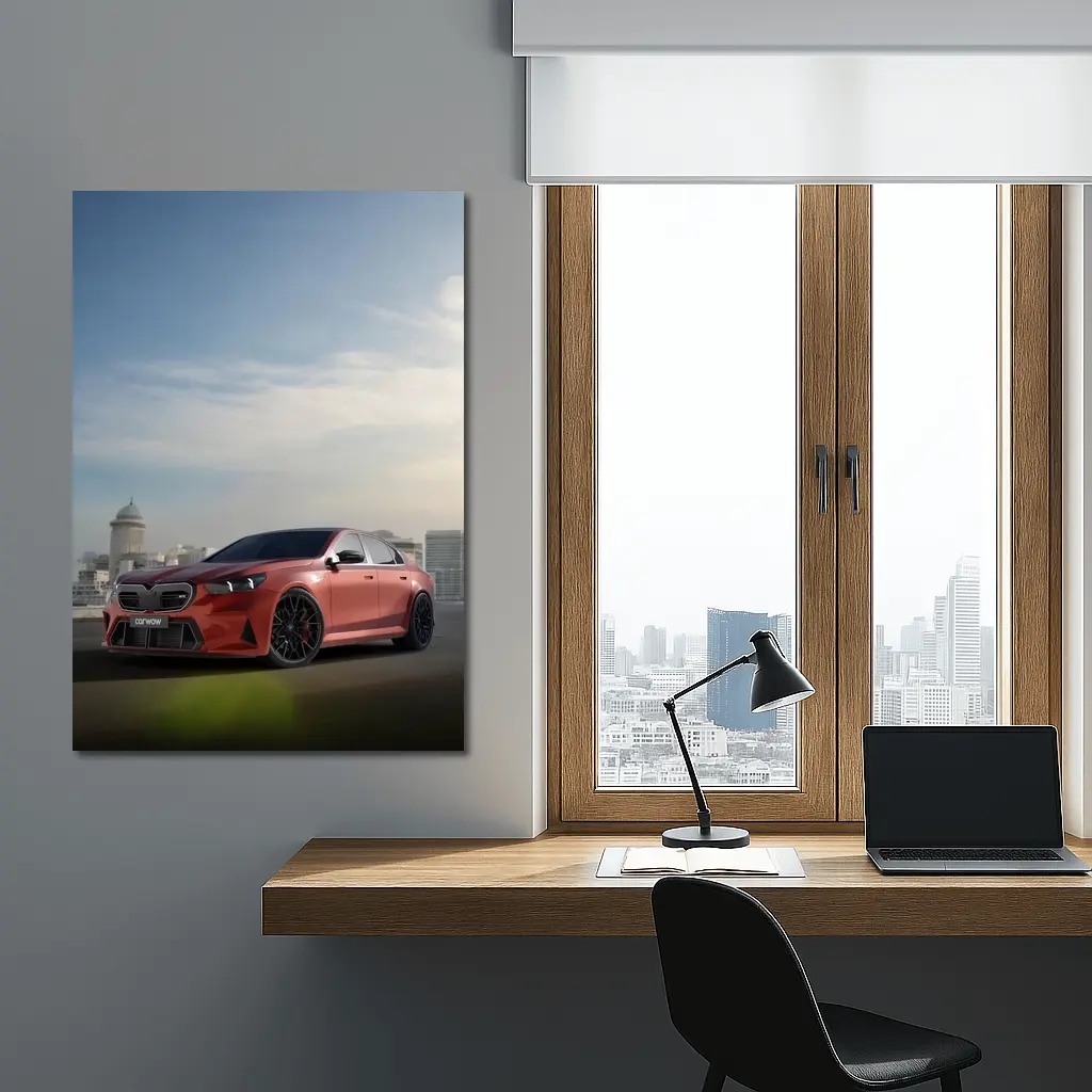 BMW M5 Red Sedan City Skyline Background – Wall Art