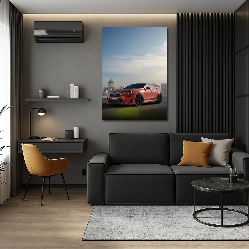 BMW M5 Red Sedan City Skyline Background – Wall Art