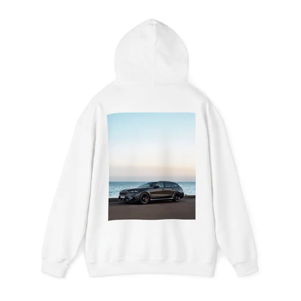 BMW M5 Touring Gray Parked by Sea – Hoodies