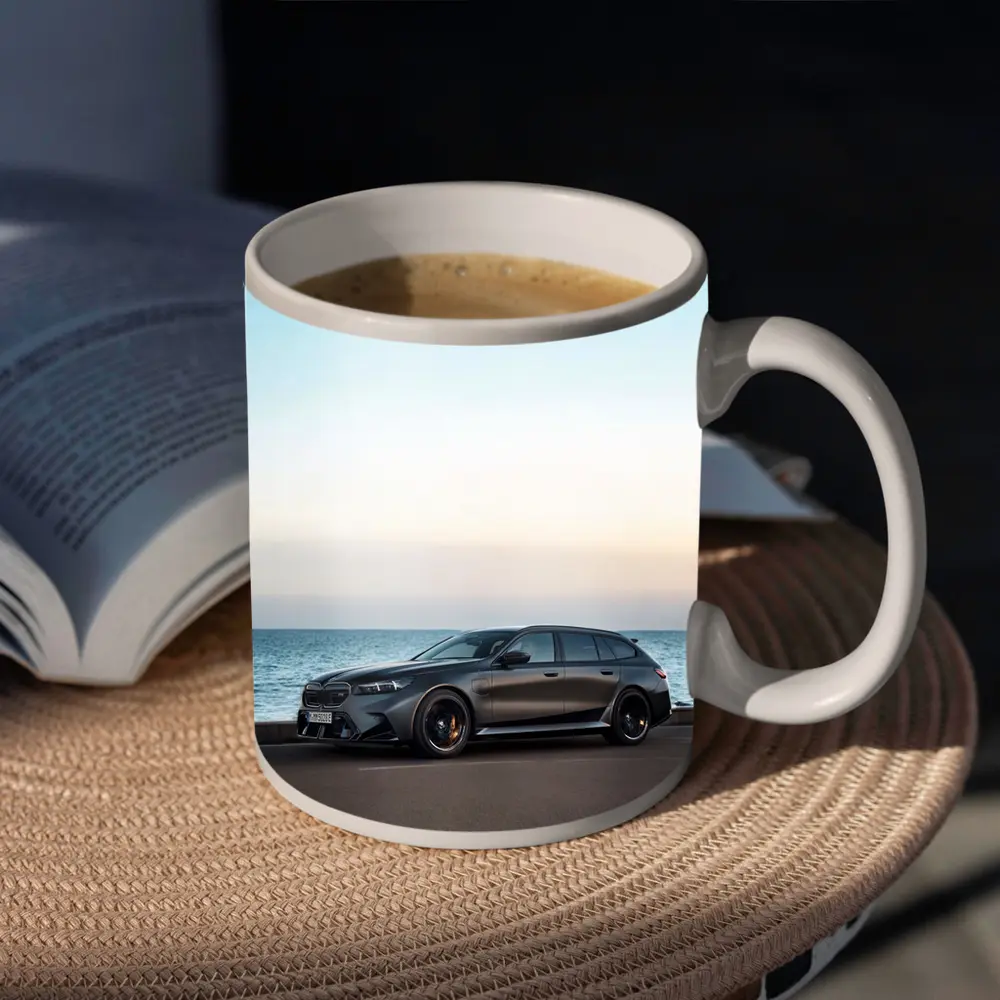 BMW M5 Touring Gray Parked by Sea – Mugs